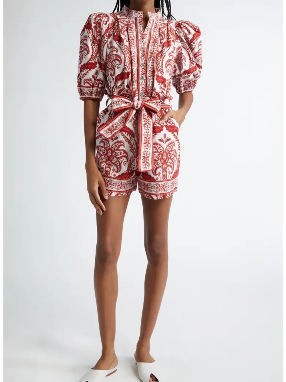 FARM Rio Red and White Printed Short Tie-Waist Romper